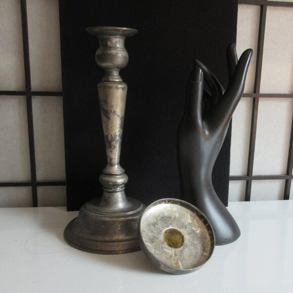 Art Deco Candle Holder, Pillar, Taper, Silver plated, Zinc, Distressed, Vintage - Picture 3 of 14